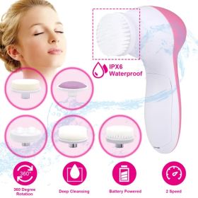 Waterproof Facial Cleansing Brush Face Spin Cleaning Brush Scrubber with 5 Brush Heads for Women (Color: Pink)